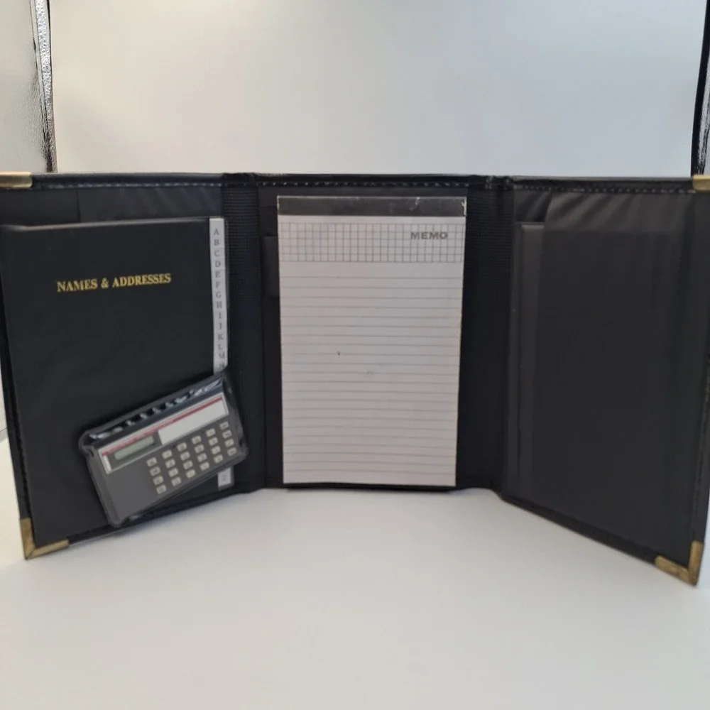 Vintage Genuine Eel Skin Leather Trifold Organizer Portfolio Calculator Black 9